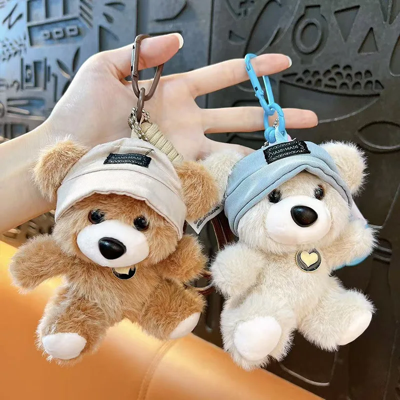 Cute Wear Hat Bear Pendant Plush Doll Keychain Lifelike Plush Stuffed Animal Bear Backpack Decor Pendant Creative Birthday Gift