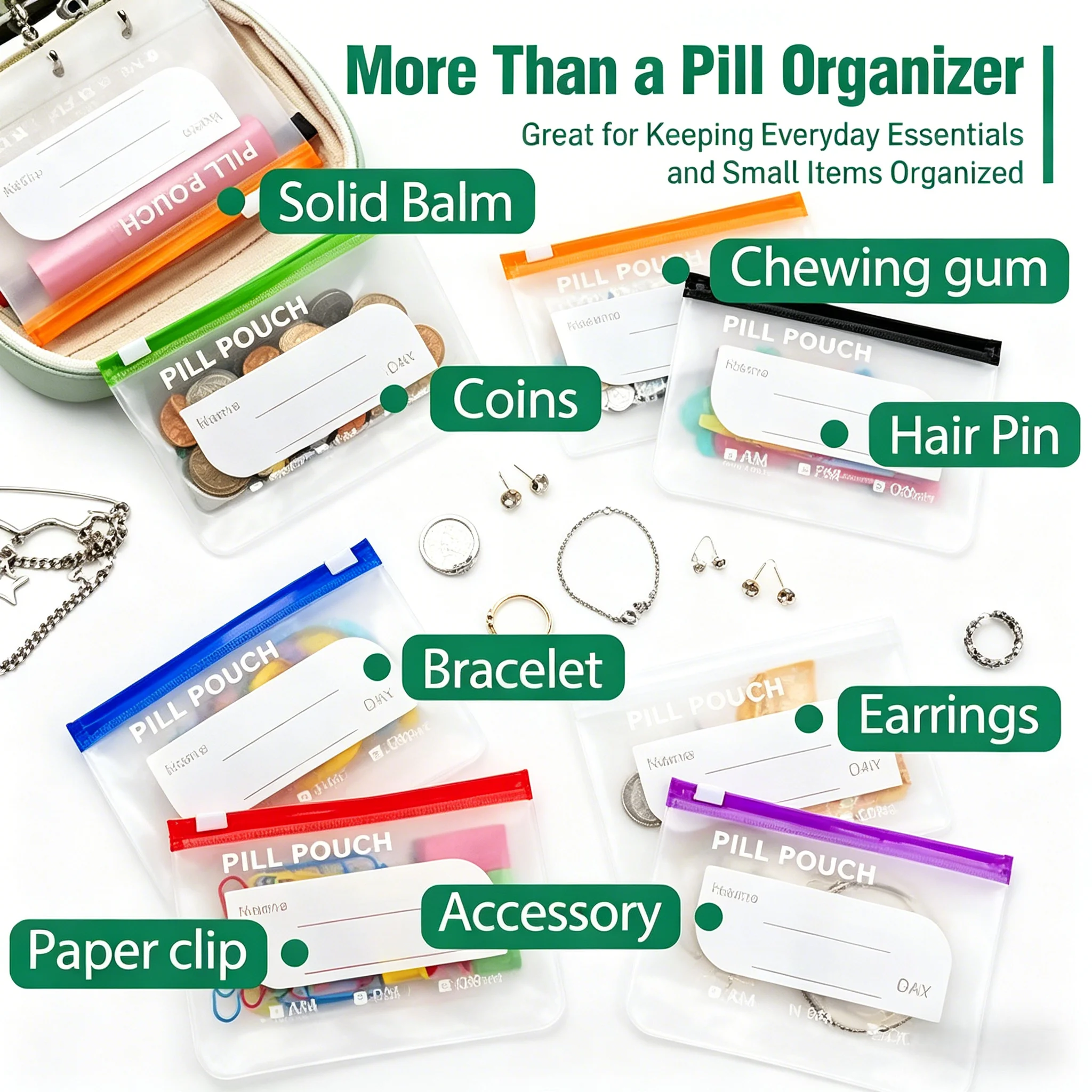 Weekly Pill Organizer, Color-Coded Reusable Travel Medicine Storage System with 7/14PCS Waterproof Pill Pouches BPA-Free