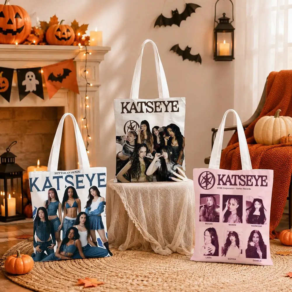 Kpop Group K-KATSEYE Storage Bags Canvas Tote Bag Women Large Capacity Reusable Eco Shopping Bag Shoulder Handbag