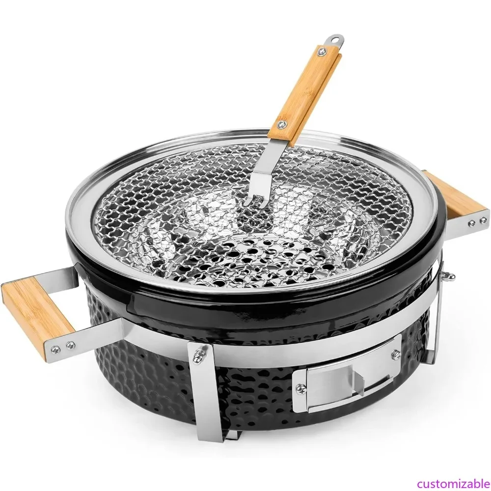 

Портативный 14-дюймовый керамический гриль-хибачи на древесном угле с решеткой из нержавеющей стали и подъемником для решетки для приготовления якитори на открытом воздухе