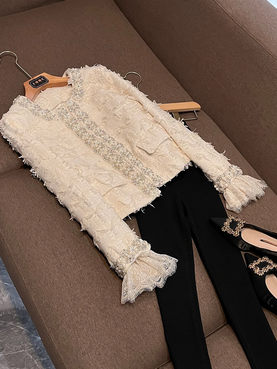 

Модный кружевной укороченный жакет для женщин, осенний, с богатой отделкой, комбинированный кардиган с бриллиантовыми стразами и бахромой, элегантный крой