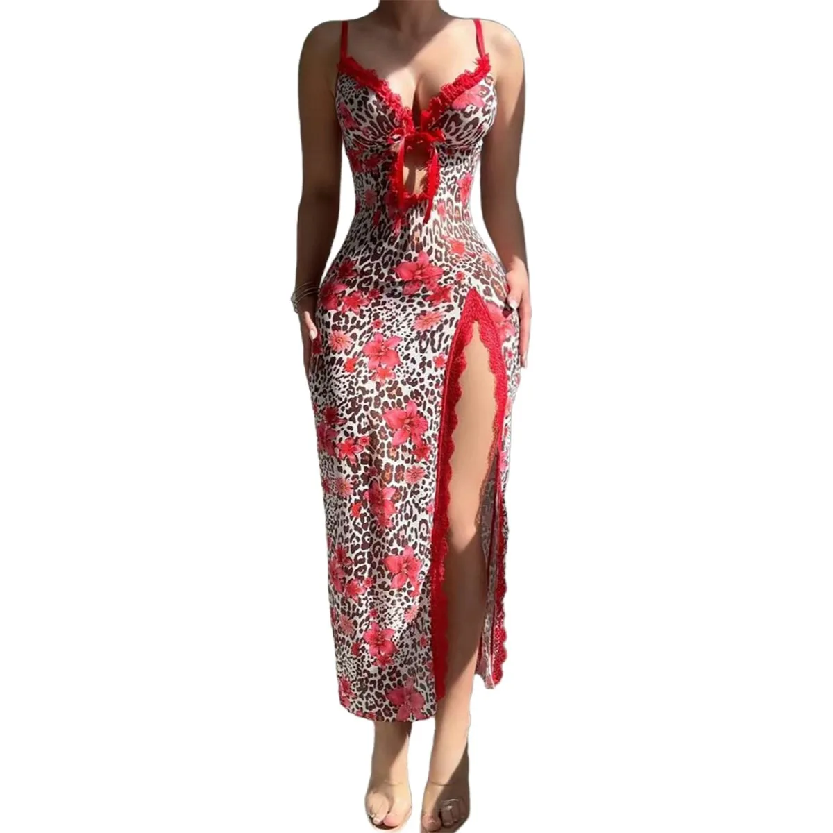 

Элитный комплект женского мягкого белья с красным леопардовым принтом, кружевное эротическое белье для сна, соблазнительный наряд