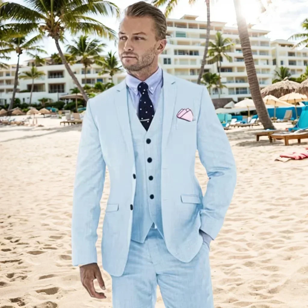 

Men's Slim Fit Casual Tuxedo Set, Linen Suit, Blazer Vest and Pants, Male Groomsmen, Beach, Wedding, Summer, 3 Pcs