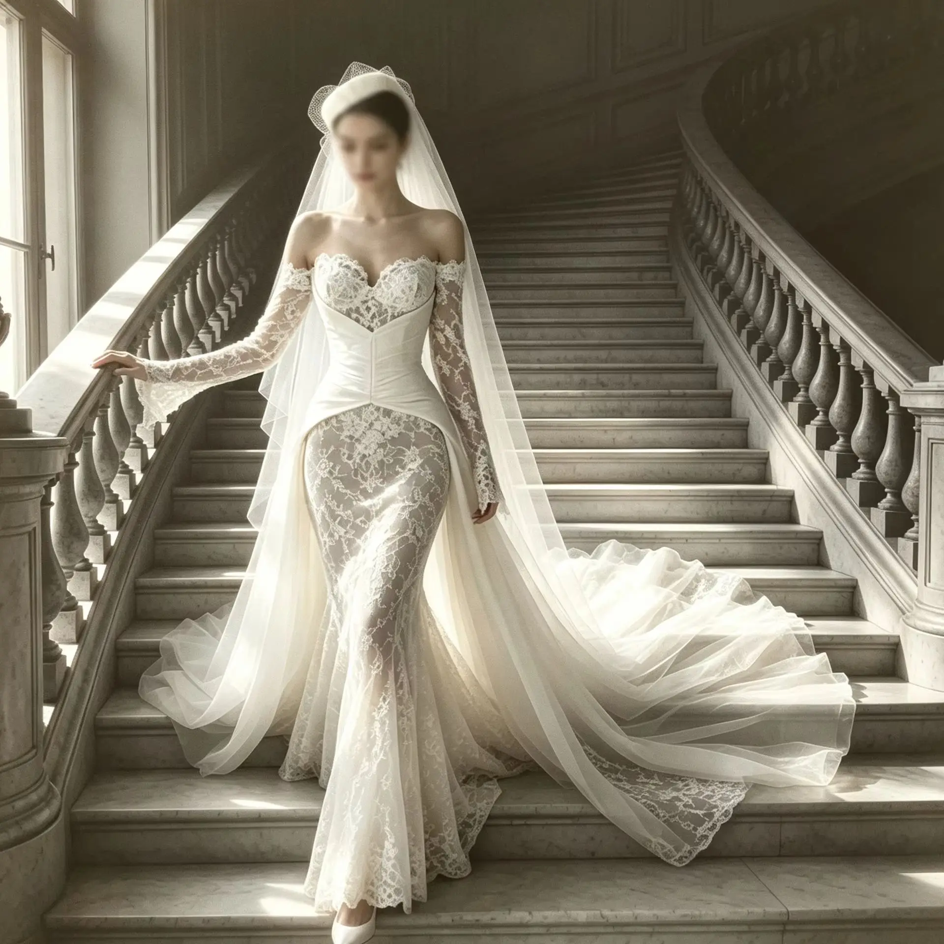 Customized  Mermaid Lace  Wedding Gown Sweetheart Off Shoulder Long Sleeves Detachable Chiffon Train Bridal Vestidos De Noiva