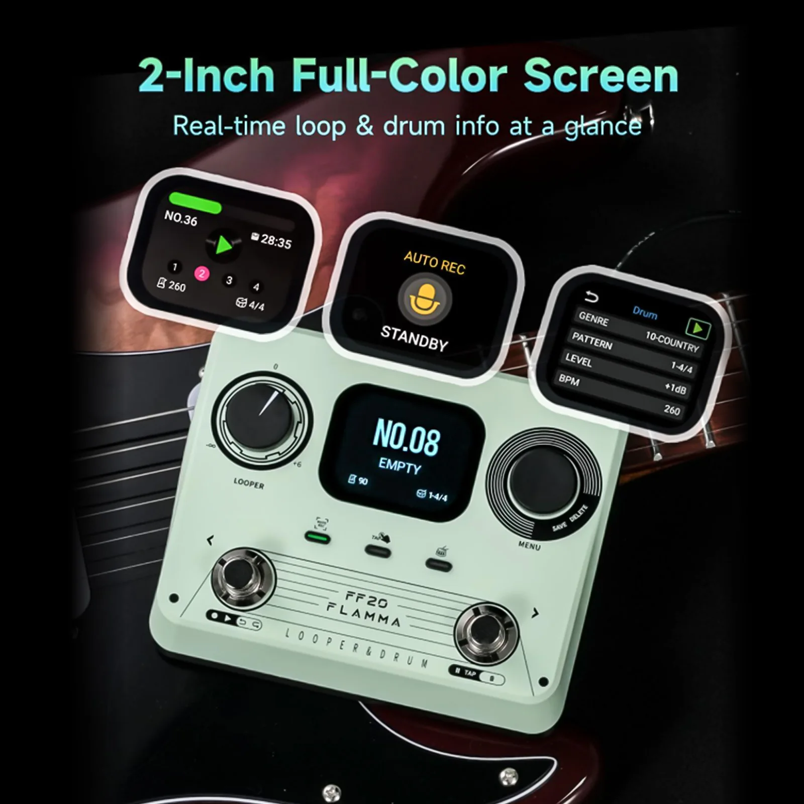 FLAMMA FF20 Guitar/Bass Performance Tool Drum Machine Looper Pedal- 220 Grooves, 300 Min Stereo Loop,100 Slots w/ Color Screen