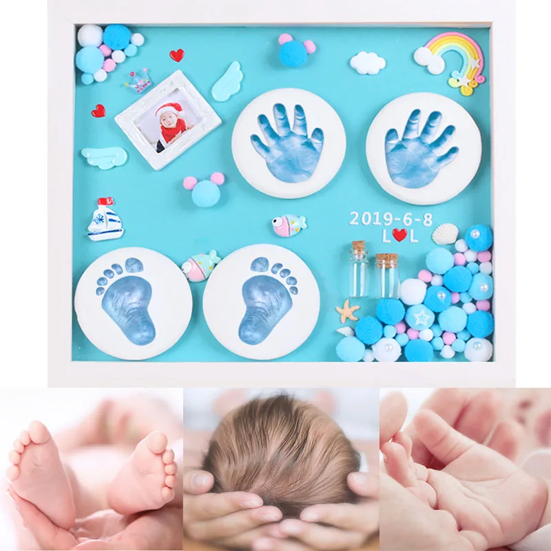 Baby\'s Full Moon Stereoscopic Hand Foot Printing Mud One Year Old Hand Model Souvenir 28.4x33.4CM Wooden Photo Frame Decoration