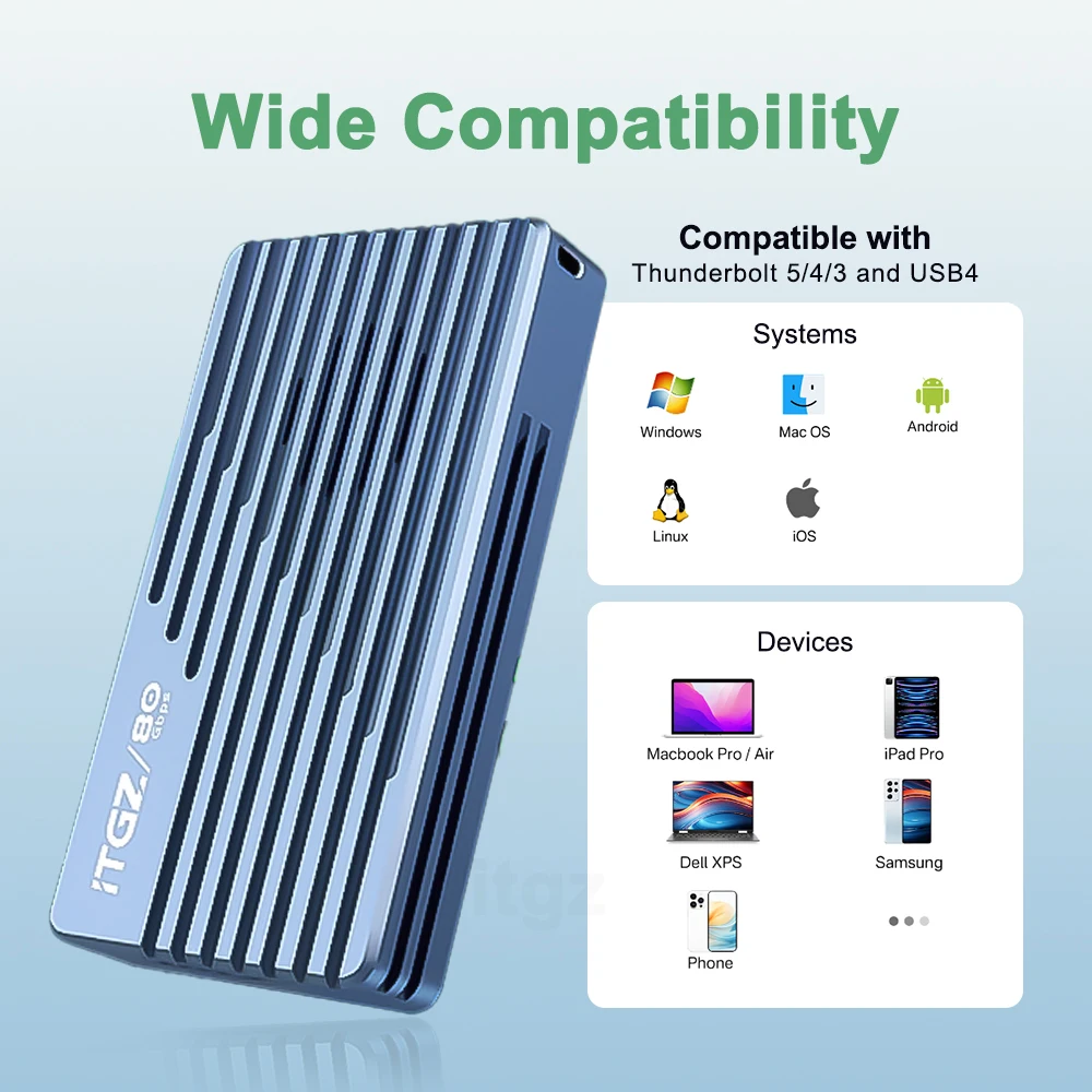 ITGZ 80Gbps Thunderbolt 5 M.2 NVMe SSD Enclosure with Fan Cooling JHL9480 Chip for Thunderbolt 5/4/3 M.2 NVMe PCIE 5 For Mac/PC