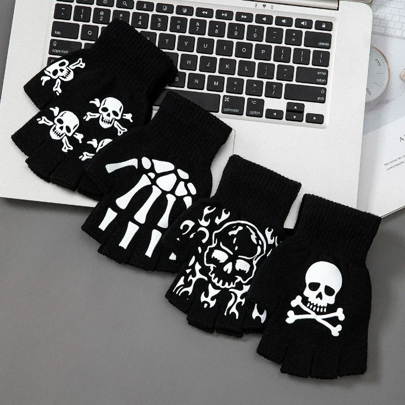 1 pair New Kids Halloween Skeleton Skull Half Finger Luminous Punk Gloves Winter Skull Fingerless Black Mitten