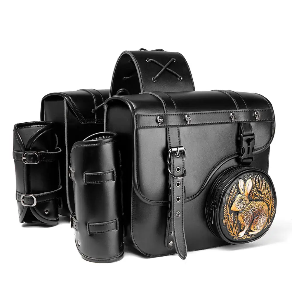Industrial Retro Style Heavy-Duty Motorcycle Side Bag Embossing Rabbit Partern Pu Leather Knight Hanging Bag Medieval Steampunk