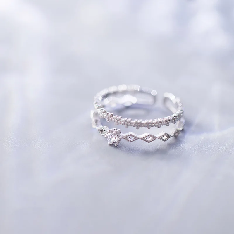 Korean Trendy Floral Zircon Double Layers Open Ring for Women Geometric Cross Cuff Rings Bride Engagement Wedding Ring Jewelry