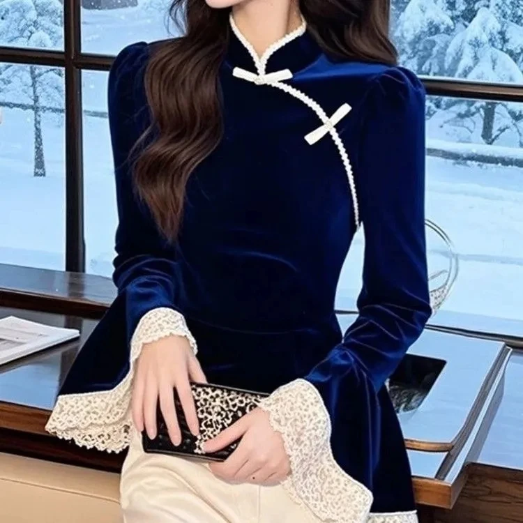 

Ele Velvet irt Beautiful Blue Small Fraance Sle Faionable Women's Premium Feel Autumn 2024 New Arrival Polyester ...