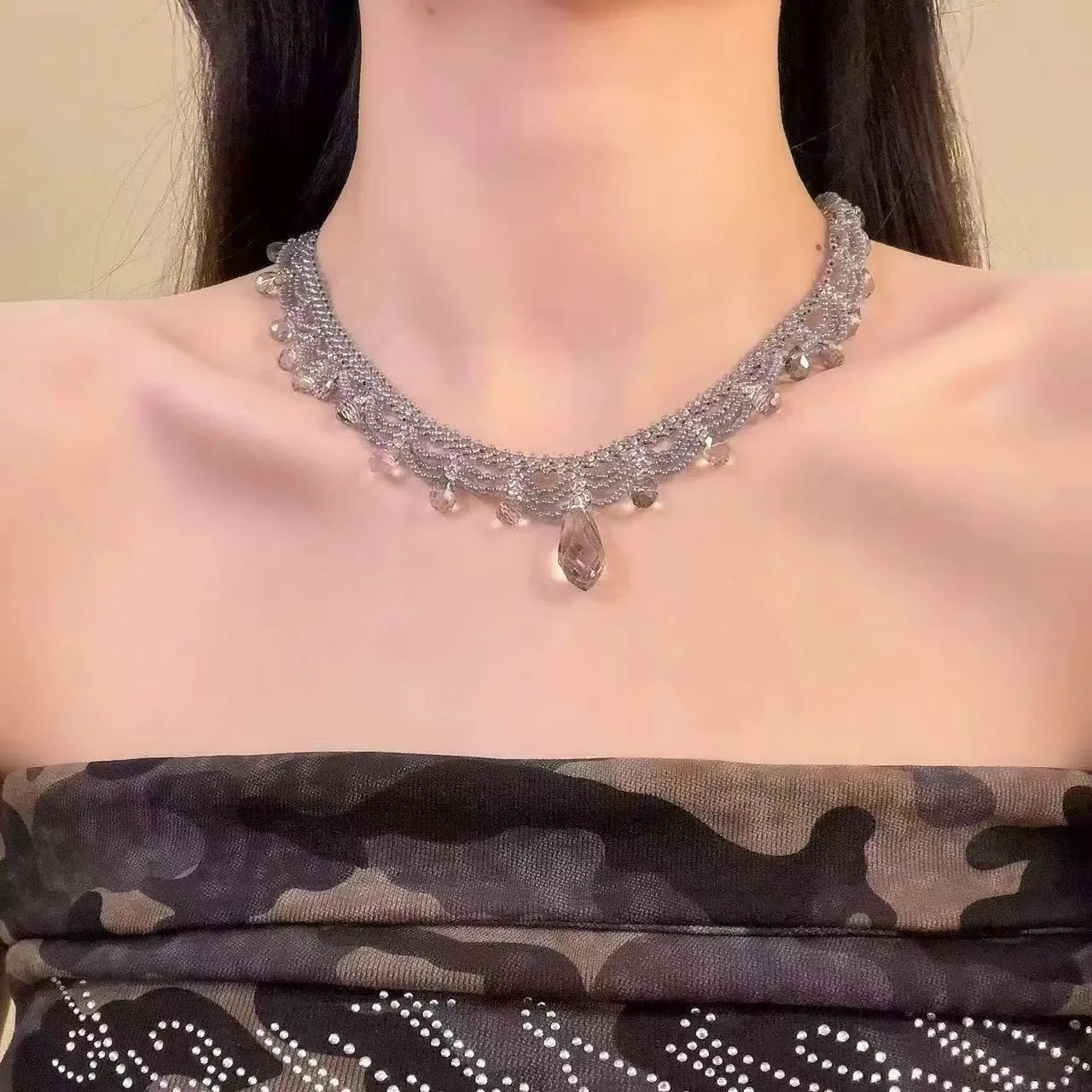 2026 Spring Summer New Handmade Beaded Lace Choker Necklace For Women Blue Waterdrop Crystal Collarbone Chain Party Wear Gift