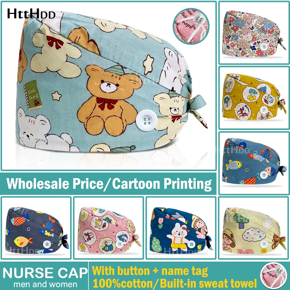 

Mens Scrubs Soft Adjustable Nurse Hat Woman Dentist Pharmacy Pet Clinic Cartoon Printing Hat Surgery Cap Lab Medical Accessories