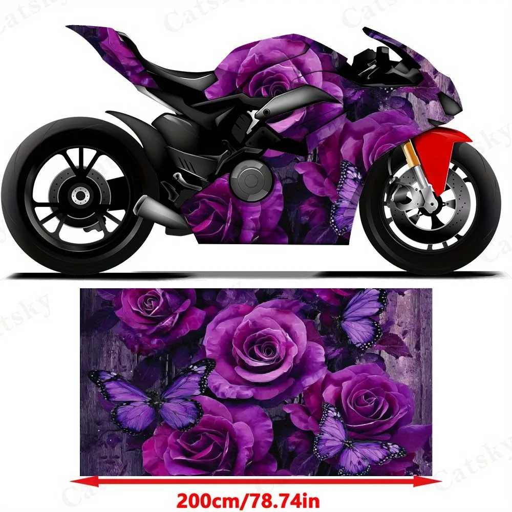 Purple Roses & Butterflies Motorcycle Film Stickers, Durable PVC Adhesive Decals for Motorcycle Customization, Weather-Resistant