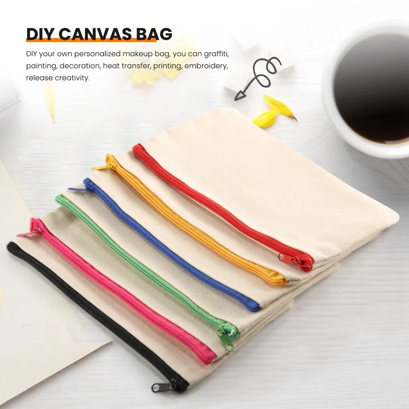 12 Pack Blank Canvas Makeup Bag,Bulk Cosmetic Bags With Multi-Color Zipper,Canvas Zipper Pencil Case Pouch,DIY Craft