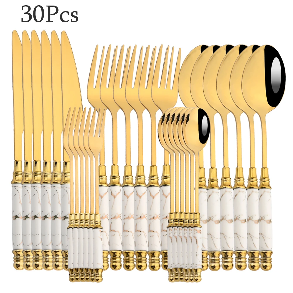 30Pcs White Gold Cutlery Set Stainless Steel Handle Home Knife Fork Spoon Silverware Dinnerware Tableware Western Flatware Set