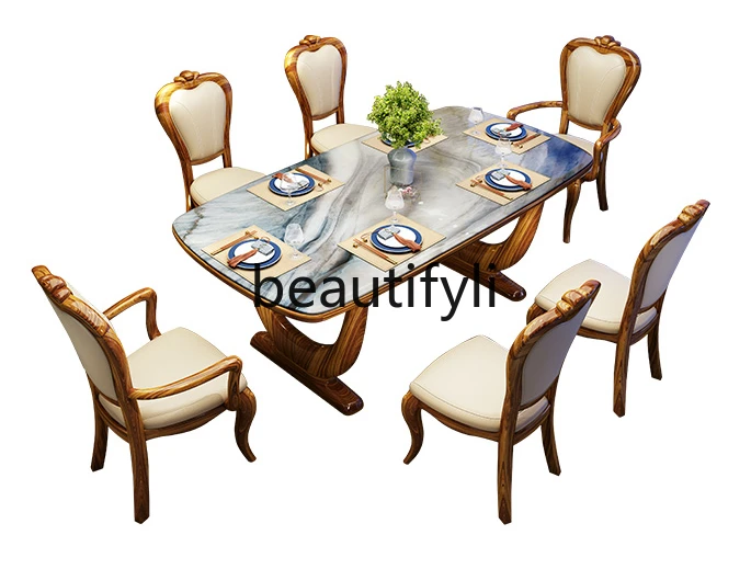 

Ebony rectangular dining table New Chinese marble solid wood 6-person dining table and chair combination