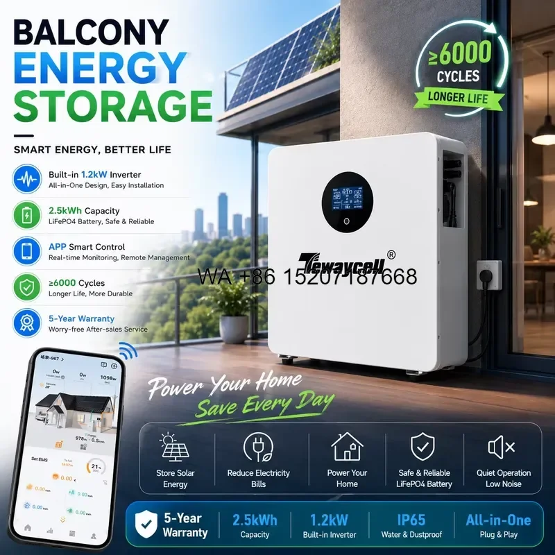 Wmwmnu 2.5kWh Balcony Battery with 1.2kW Inverter Solar Storage All-in-One System LiFePO4 IP65 Home ESS Balkonkraftwerk Plug