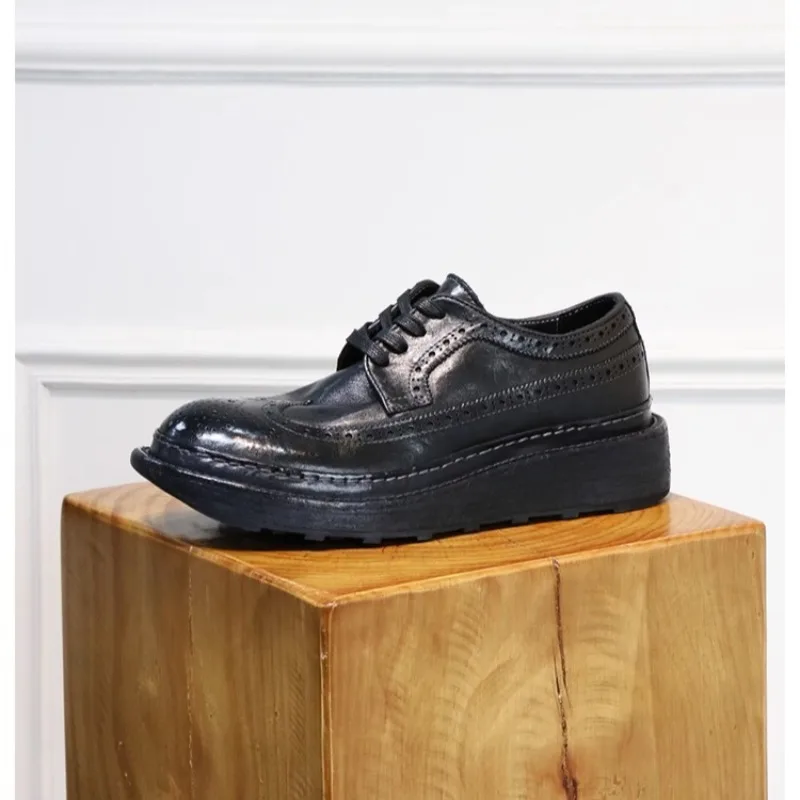 

Мужские туфли дерби из натуральной кожи на толстой подошве в британском стиле, винтажные потертые броги, прогулочная уличная спортивная обувь, мужская