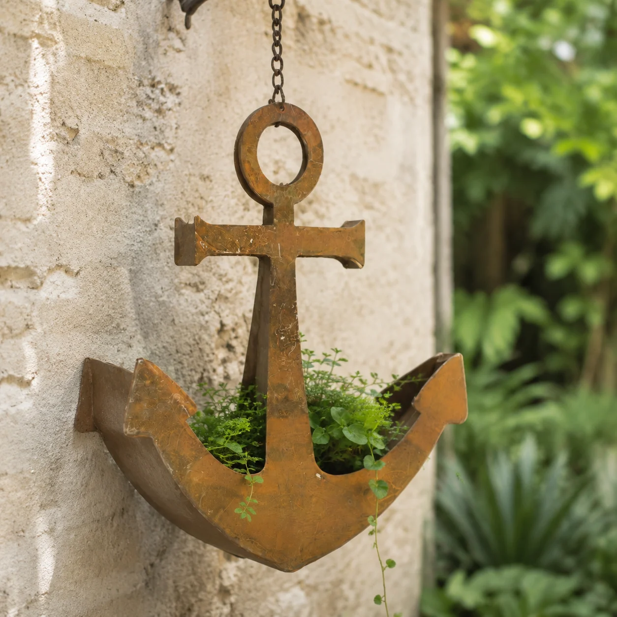 Rustic Metal Anchor Hanging Planter, Nautical Flower Pot with Chain for Garden, Patio, Porch and Outdoor Décor, Weathered Rust Finish