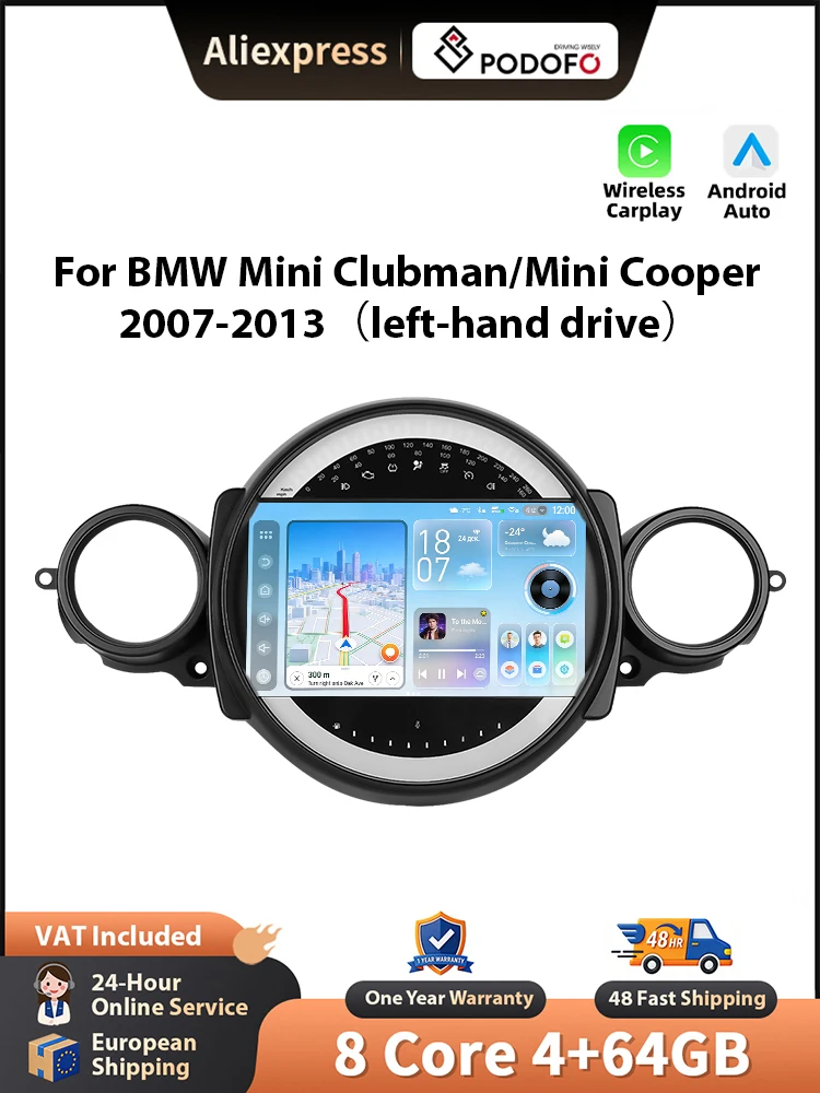 Podofo 9'' Autoradio für BMW Mini Clubman/Mini Cooper 2007-2013, kabelloses CarPlay, Android-Autoradio, WIFI, GPS, Radio, FM/RDS, BT