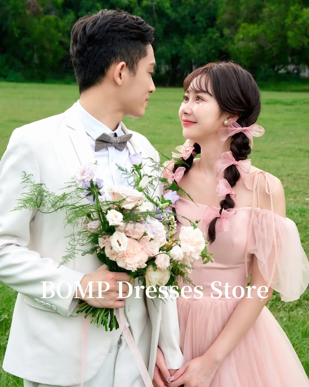 BOMP Fairy Blush Pink Tulle Wedding Dresses Korea Photo shoot Off Shoulder Short Sleeves Princess Bridal Gowns Corset Customized