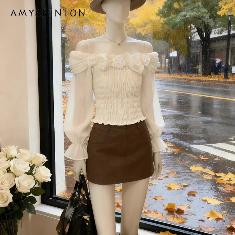 

French Design Off-Shoulder 3D Floral Long Sleeve Women's Shirts 2026 Spring Autumn New Y2k Ruched Slimming Sweet Tops Ladies