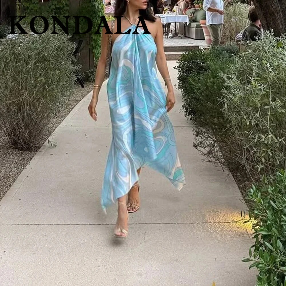 KONDALA Elegancka, seksowna sukienka letnia 2025 z nadrukiem, damska sukienka z dekoltem, modna sukienka Y2K, długa sukienka bez pleców, na imprezę, plażę, wakacje, codzienna sukienka typu vestidos