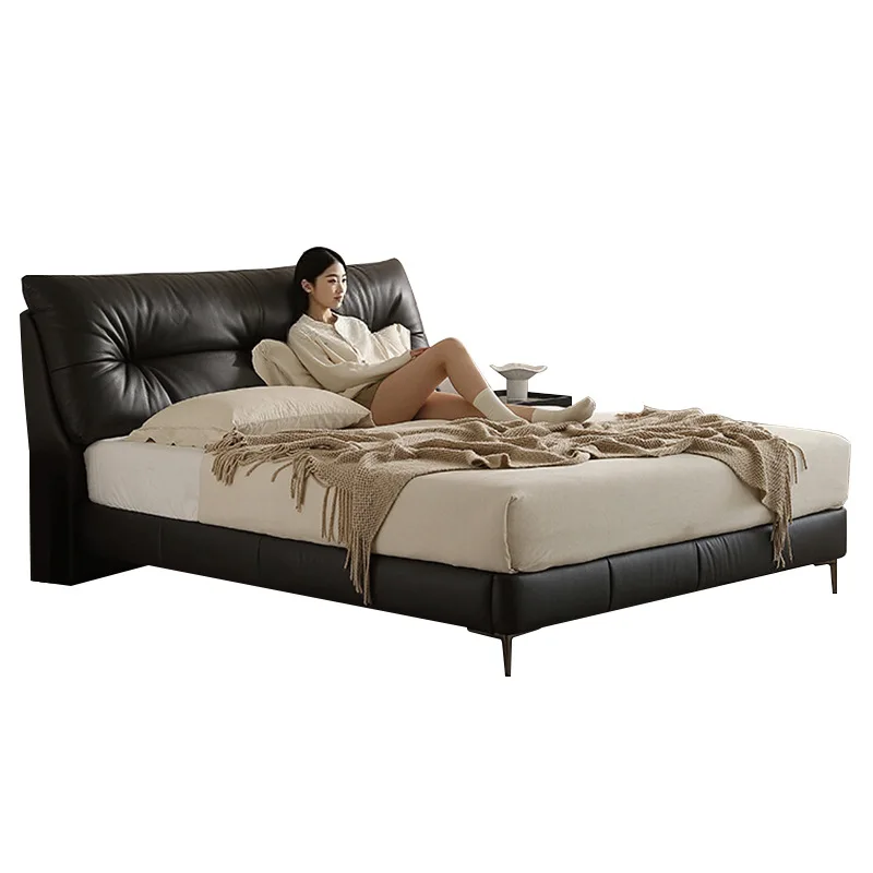 

Master bedroom Italian minimalist soft 1.8 meters double bed, leather art modern simple solid wood top leather bed