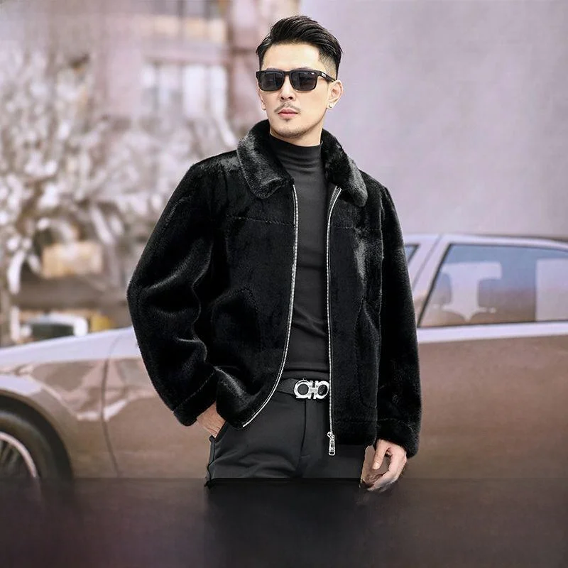 

Thiened Fur Jaet Men's Winter Coat Warm Stand Collar Water-Resistant Mink Skin Outerwear Midlife Casual Sle Pure Color