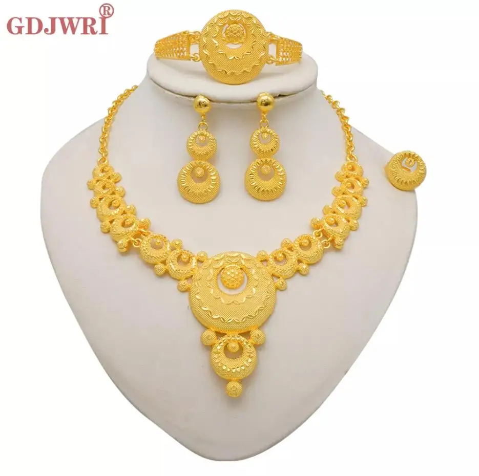 Dubai Gold Color Jewelry Set For Women Indian Earring & Necklace Nigeria Moroccan Bridal Accessorie Wedding Bracelet Party