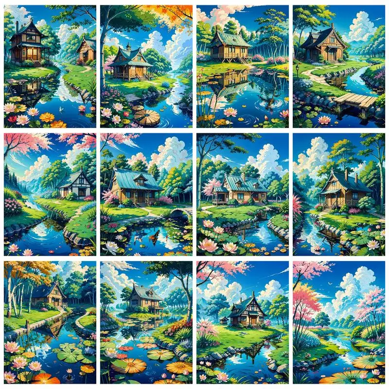 RUOPOT Painting By Numbers Kits With Frame Landscape Streams And Houses Coloring By Numbers For Home Artwork