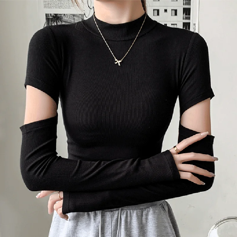 

Black Crop Tops For Women T-Shirts Female Long Sleeve Tees Shirt Femme 2023 Autumn Tshirt Streetwear Y2k Hollow Out Streetwear