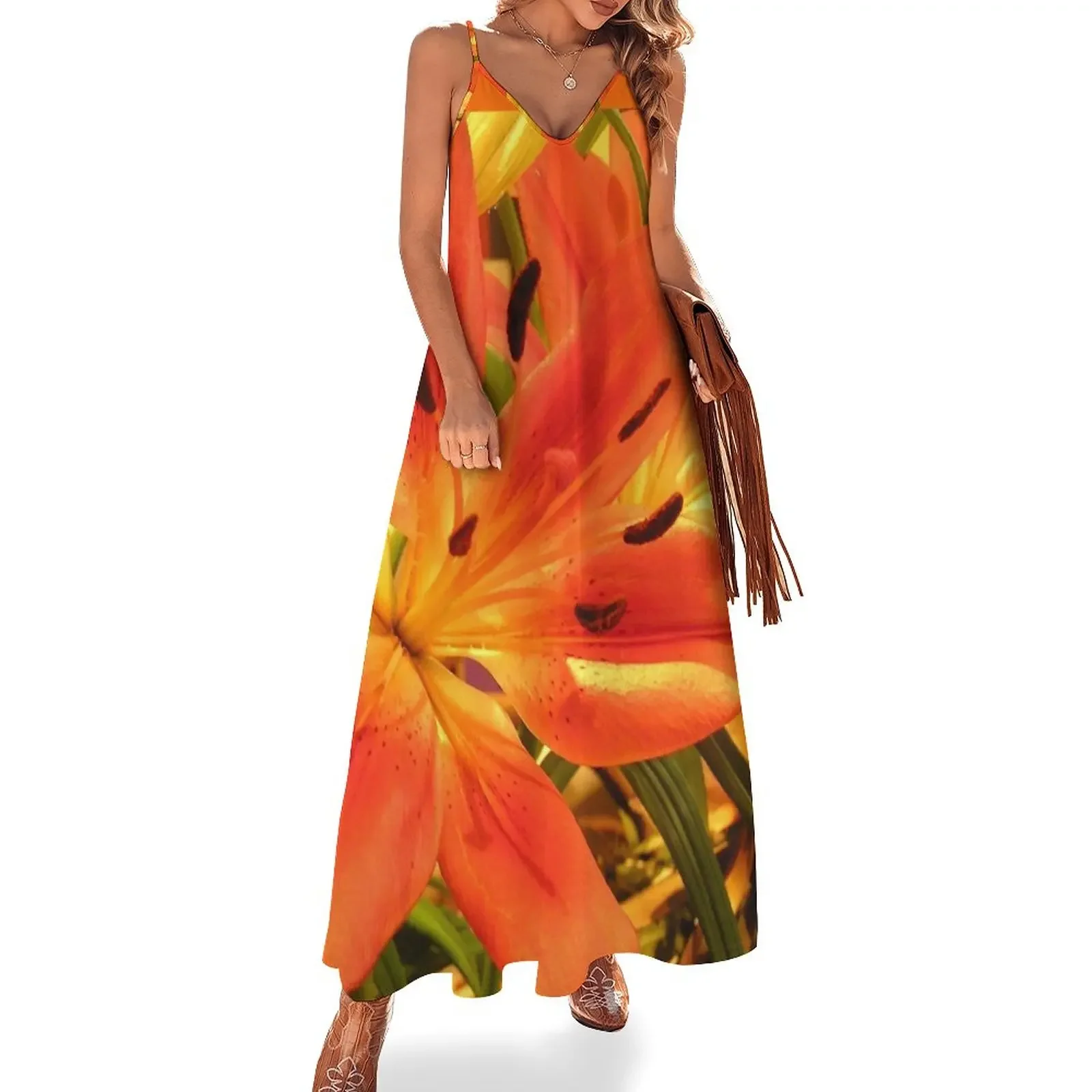 

Sunshine - Orange Lily Sleeveless Dress summer women's dress 2024 Woman's evening dress