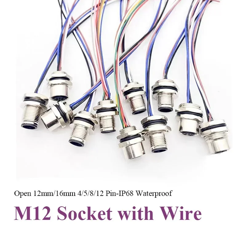 Waterproof M12 Male Female Connector Cable IP68 4 5 8 12 Pin Aviation Socket with 20CM Wire Open 12mm/16mm Panel Mount Sockets