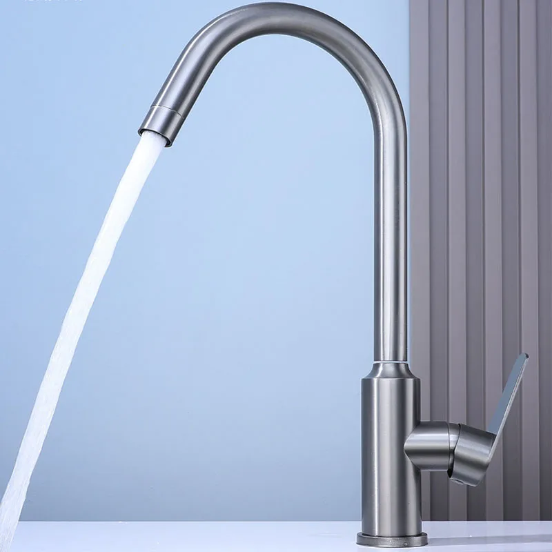 

Большой изогнутый трубчатый кухонный смеситель, утолщенная нержавеющая сталь, одна ручка, смеситель для горячей и холодной воды, смеситель для ванной комнаты