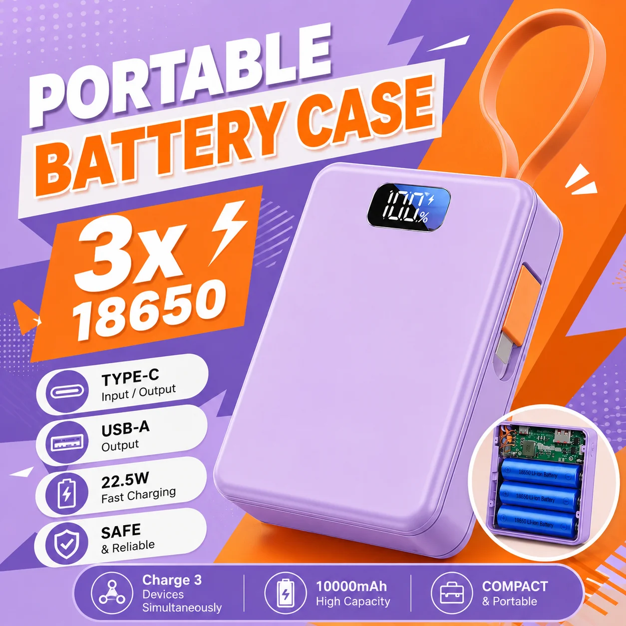3 Slots 18650 Power Bank Case DIY Portable Fast Charging Battery Charger Box USB Output Power Supply Shell With USB Cable