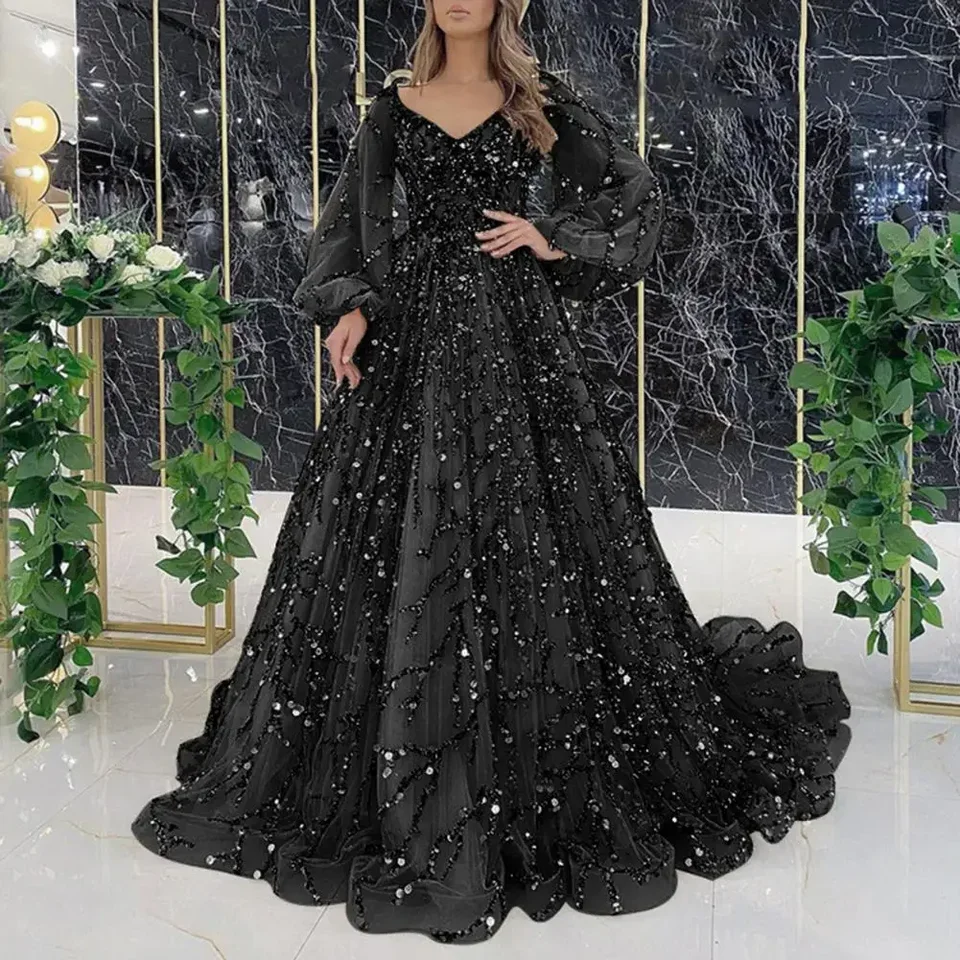 French Vinatge Evening Party Long Dresses Sequin Women A-line Princess Dress Lantern Sleeve Spring Summer Robe Prom Halloween