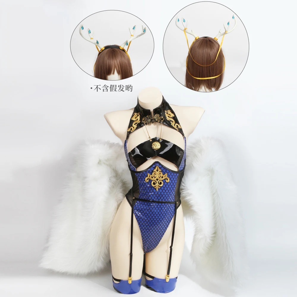 Sexy Cute Dragon Girl Cosplay Bunny Girl Costumes Lovely Blue Jumpsuit  Halloween Costume Deer Ears Serpentine Bunny Suit