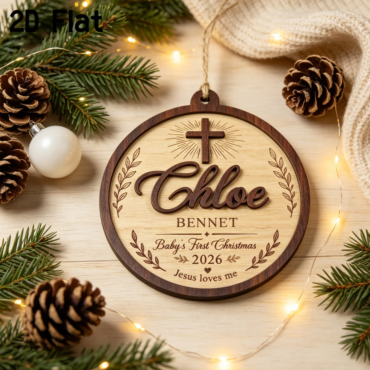 Personalized Baby's First Christmas Wooden Ornament,Round Cross Religious Hanging Plaque,Xmas Tree Decoration,Keepsake Gift