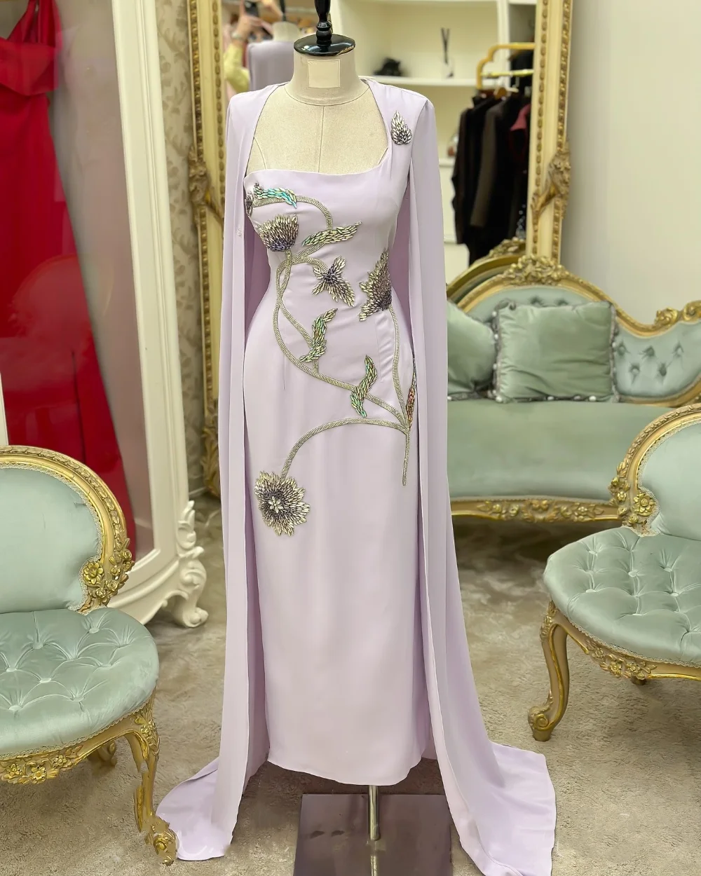 

Customized Fashion Jersey Sequined Pattern Straight Square Neck Midi Dresses Bespoke Occasion Party Chinese Style