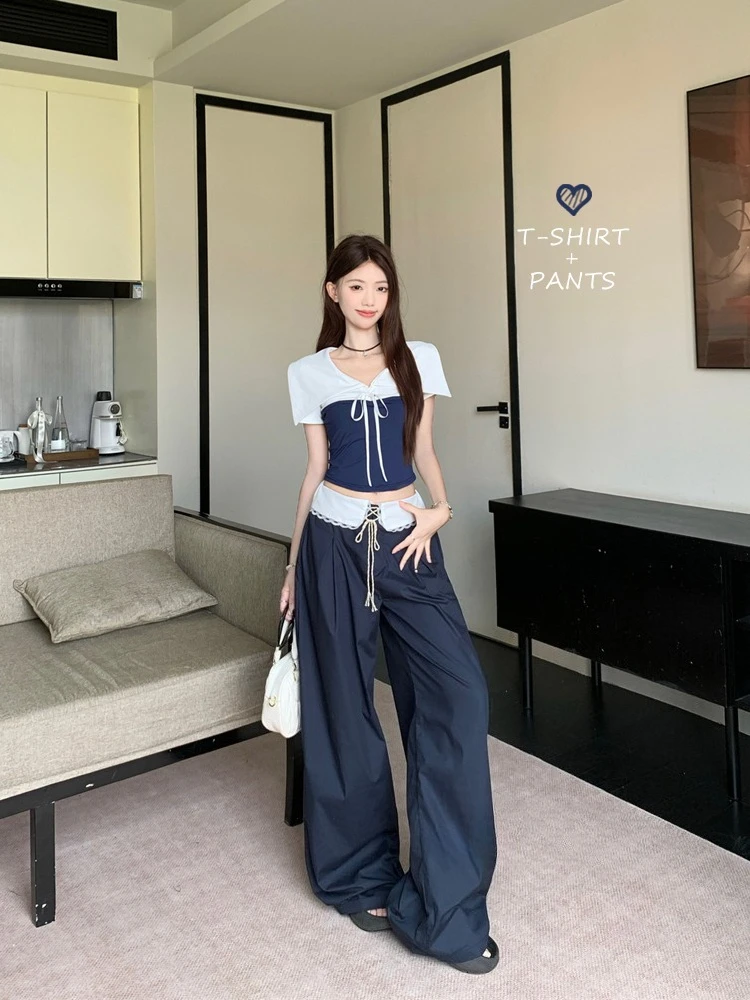 

Spicy Girl Color blocked Design Short T-shirt Lace Wide Leg Casual Pants 2025 Summer New Fashion Sweet Elegant Set