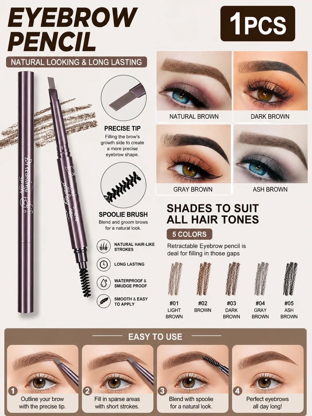1PCS Triangular Ultra‑Fine Tip Rotatable Eyebrow Pencil Waterproof Smudge‑Resistant Long‑Wear With Spoolie Brush Natural Brown