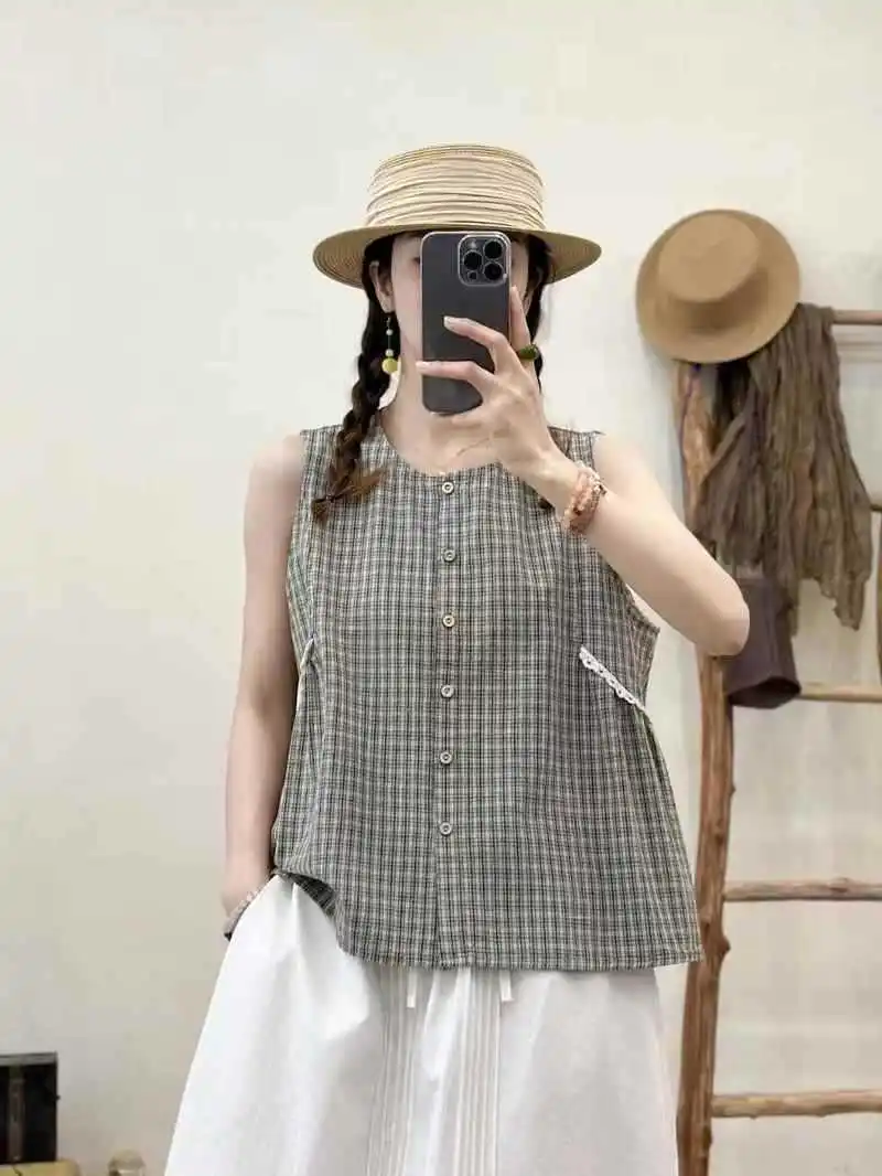 New 2025 Summer Cotton Sleeveless Shirt, Women O Neck Plaid Print Lace Patchwork, Mori Girl French Retro Loose Blouse T55579CC
