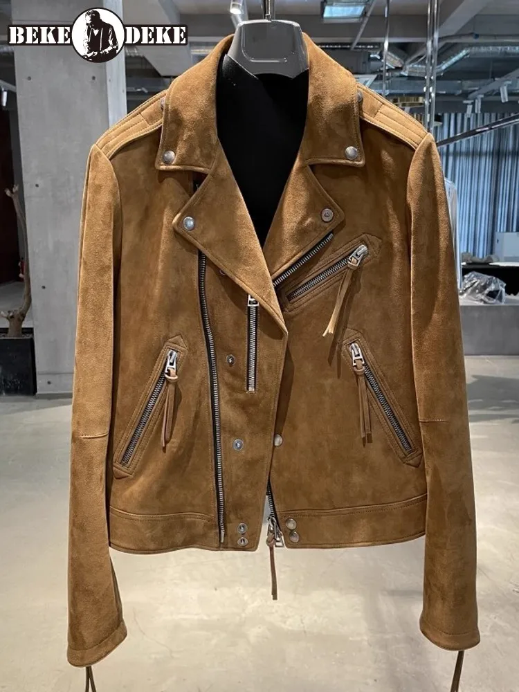 Luxury Mens New Designer Real Suede Leather Jacket Motorcycle Biker Outwear Coat Zipper Top Quality Punk Natural Leather Jacket