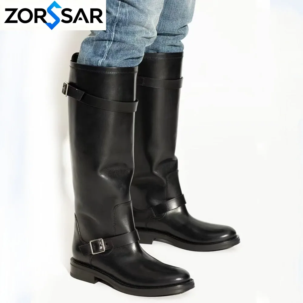Vintage Belt Buckle Women Knee High Boots Elegant Low Heel Slip on Shoes Autumn Winter Ladies Knight Long Booties Large Size 46