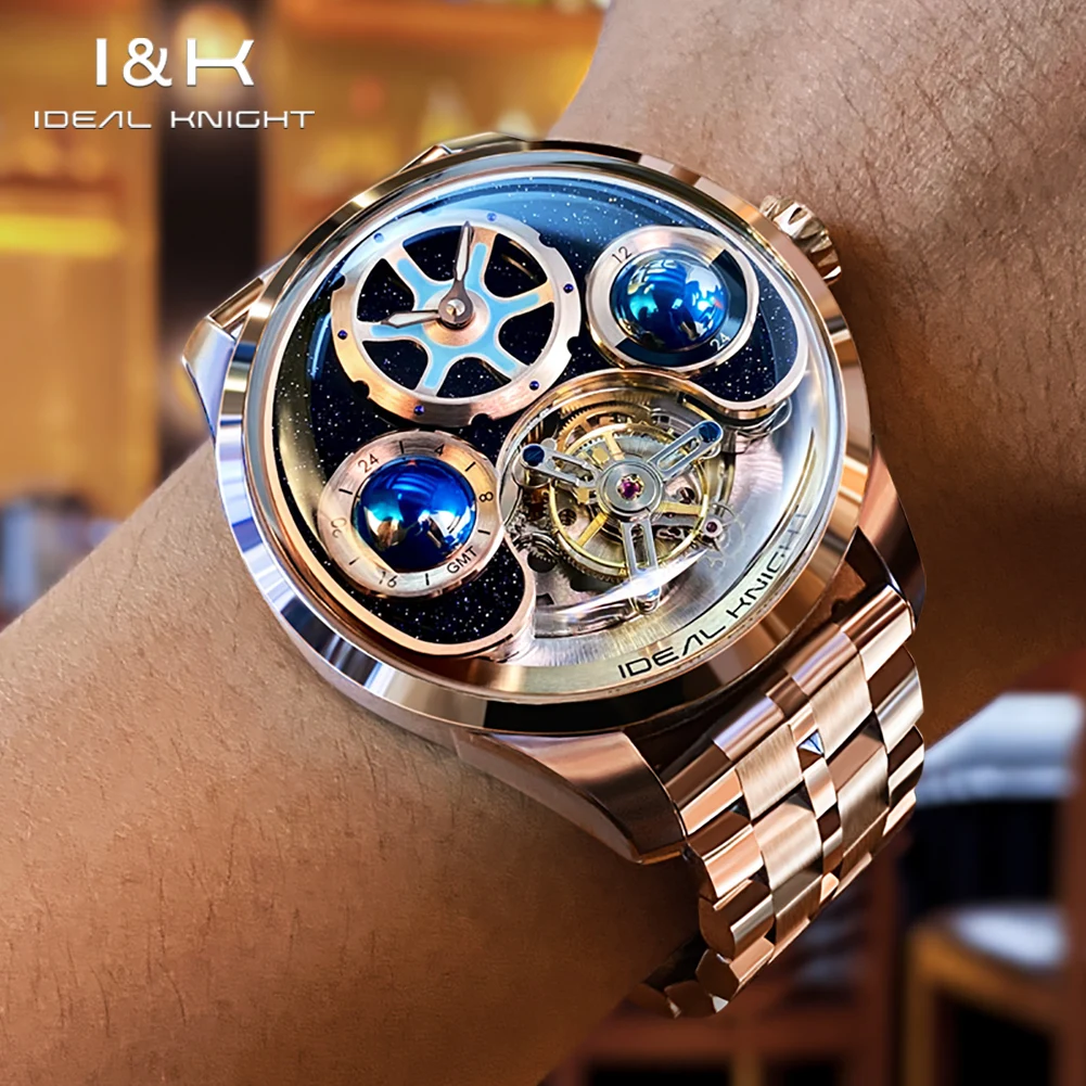 IDEAL KNIGHT Men Watch True Tourbillon Automatic Mechanical Watch GMT Multi Time Zone Setting Blue Earth Series Men Watch 6805