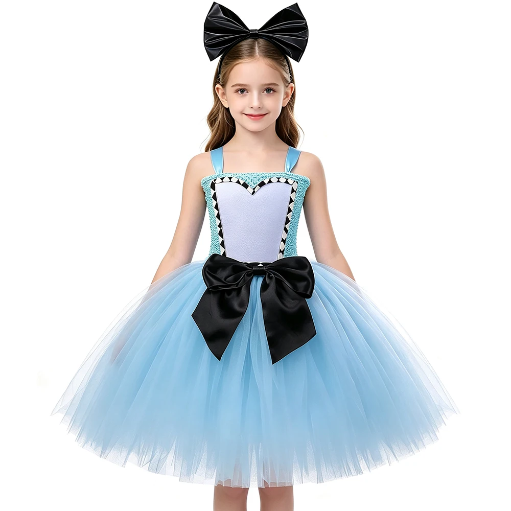 Alice Princess Dress Costume for Girls Birthday Party Tulle Dresses Wonderland Maid Tutu Dress Kids Halloween Carnival Dress Up