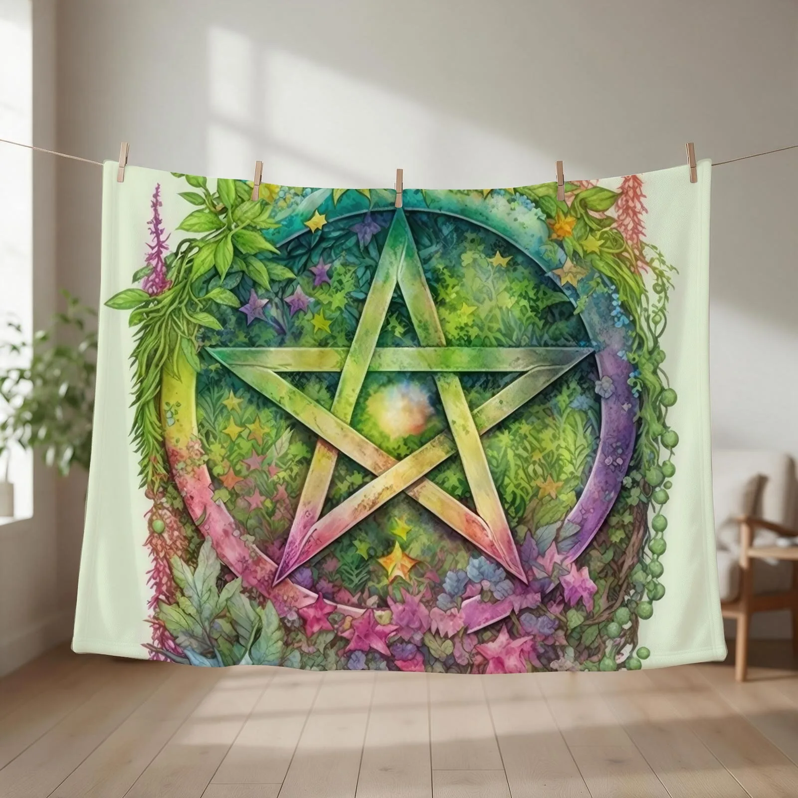 Pentacle - Botanical Flower Garden Wiccan Pagan Pentagram Throw Blanket couch cozy soft plush fuzzy picnic outdoor blanket