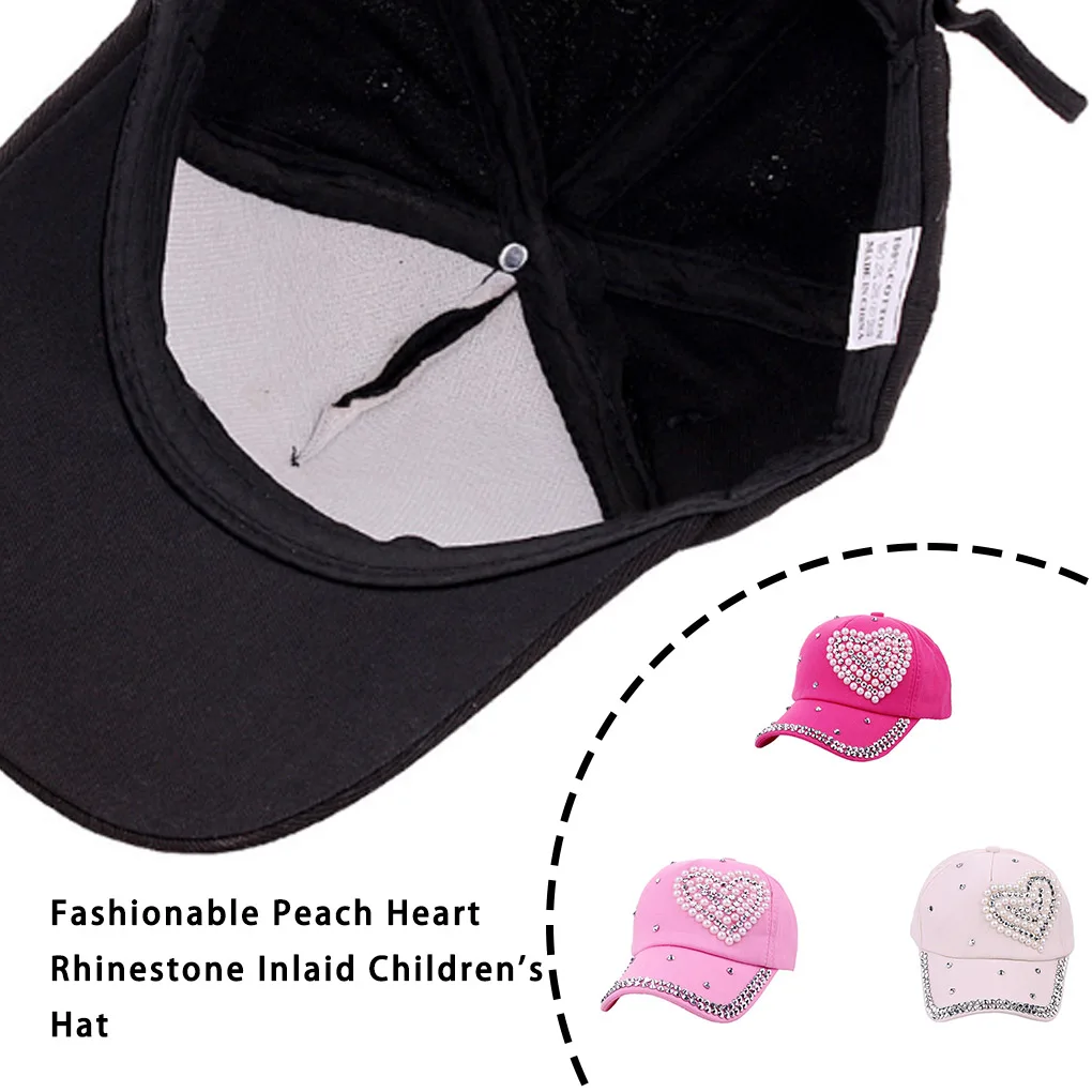 NEW Children Fashion Adjustable Heart Shaped Rhinestones Studded Peaked Cap Hat Kids Cotton Baseball Cap Winter Hat Cap